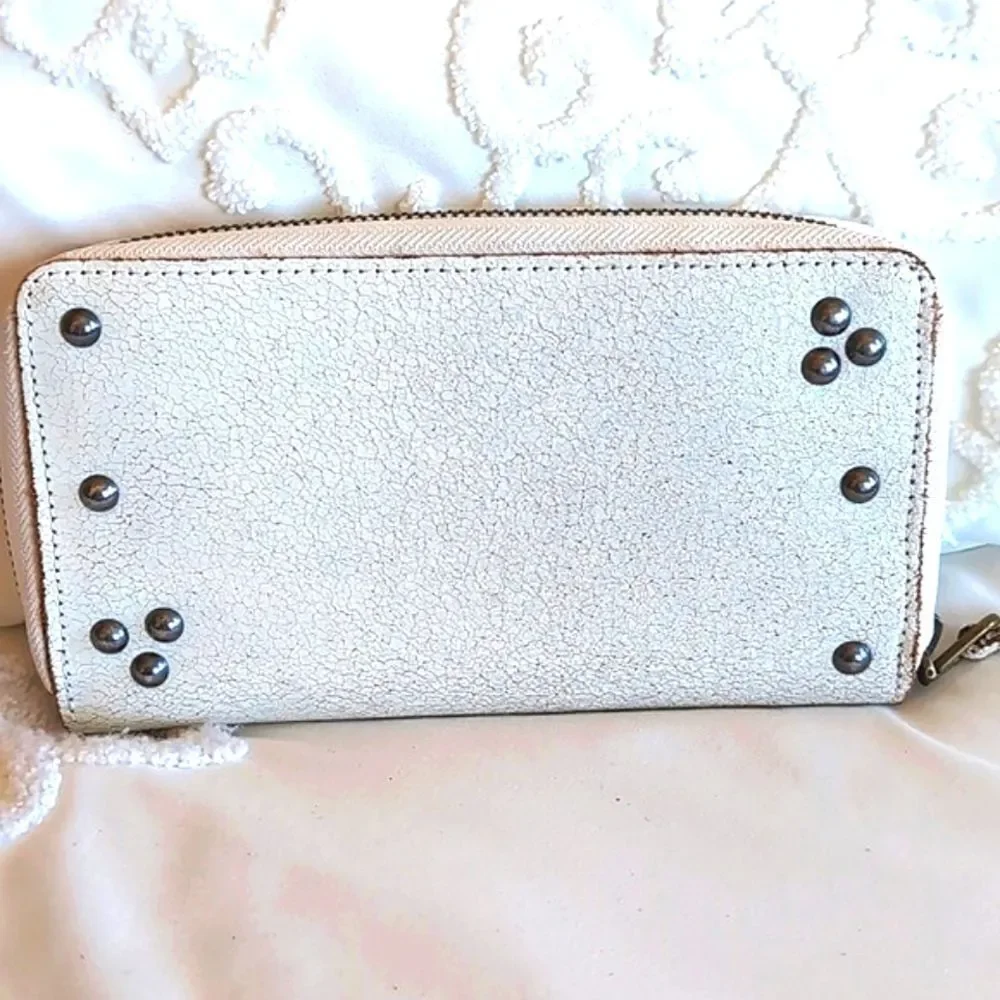 POLO Ralph Lauren Jewel/ Studded Ivory Distressed Zip Around Wallet NWOT